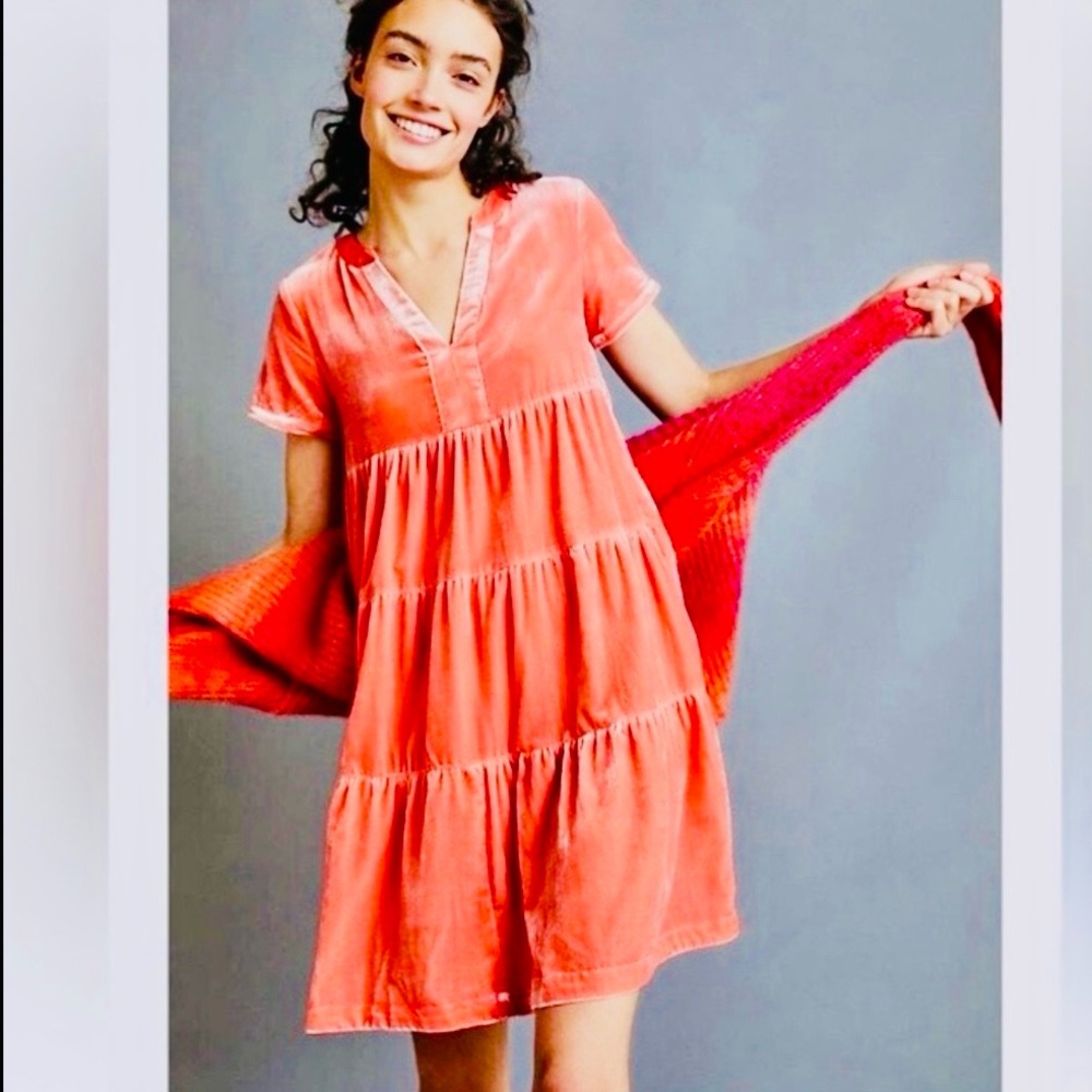 NWOT Maeve By Anthropology Coral Velvet  V-Neck Short Sleeve Mid Dress Size L